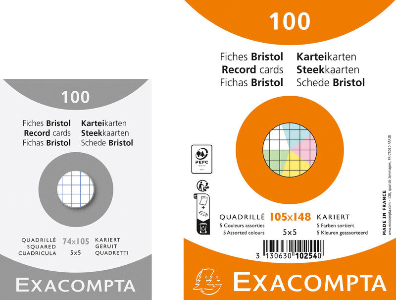 Exacompta Karteikarten A7 quer, kariert, mehrfarbig, 205 g/m², Karteikarton – 100 Stück