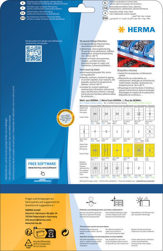 HERMA Blattetiketten (A4), 37 mm × 25 mm, weiss, Folie, extra stark, 25 Blatt (1250 Etiketten)