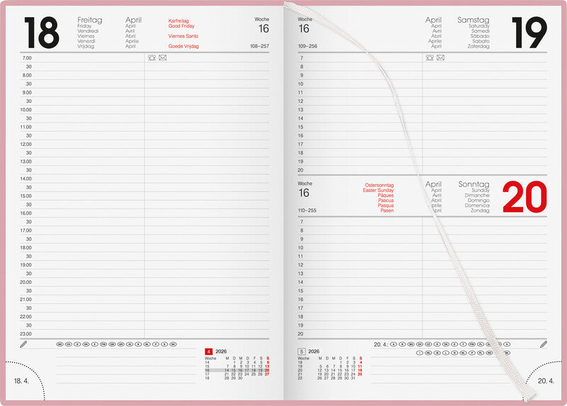 Biella Bunte Agenda – 1 Tag pro Seite, gebunden, 14,5 × 20,5 cm, 2026, 1/2-Stunden-Takt, Rosa, FSC