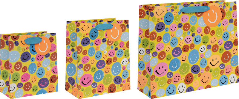 Glick Geschenktasche 'Smiley Faces' – 20 × 10 × 22,5 cm, Papier, mit Satinband, mehrfarbig, mit Anhänger