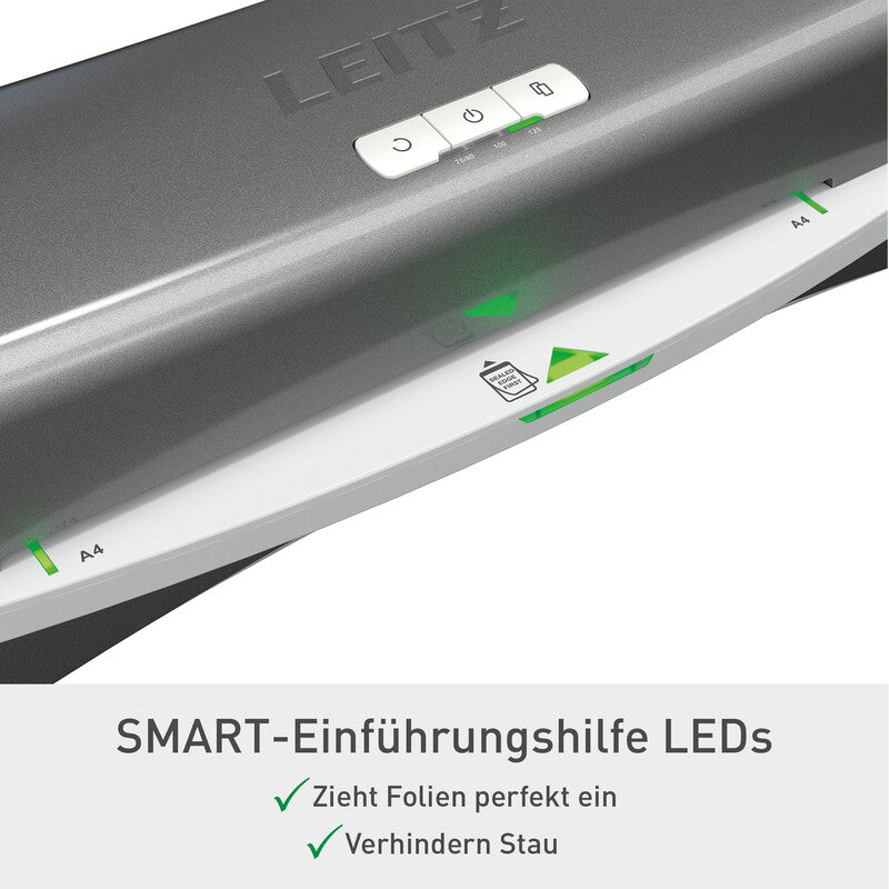 Leitz iLAM Office Laminiergerät A4 – 2-Rollen, 75–125 µm, 1 Min. Aufheizzeit, 500 mm/min, Silber