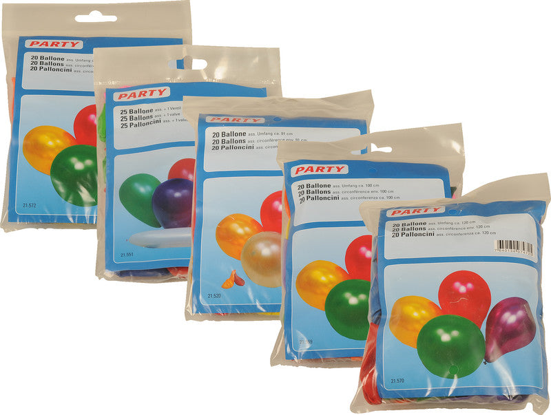 Party Ballons aus Kautschuk, farbig sortiert, Umfang 1200 mm, 20 Stück
