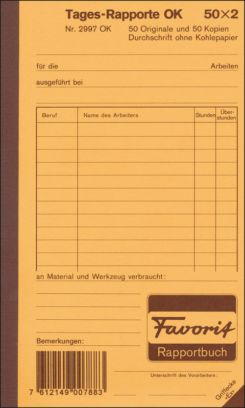 Favorit Formularblock – Tages-Rapporte, Deutsch, 50 Blatt, 113 × 190 mm
