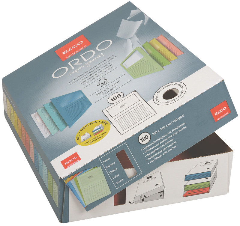 Elco Ordo Organisationsmappe A4, Fenster 180 × 100 mm, 120 g/m², Blau – 100 Stück
