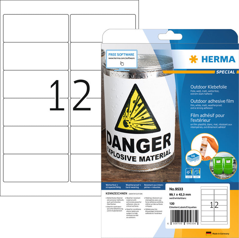 HERMA Selbstklebende Etiketten (A4-Bogen), 99 mm × 42 mm, weiss, Folie, extra stark, 120 Etiketten