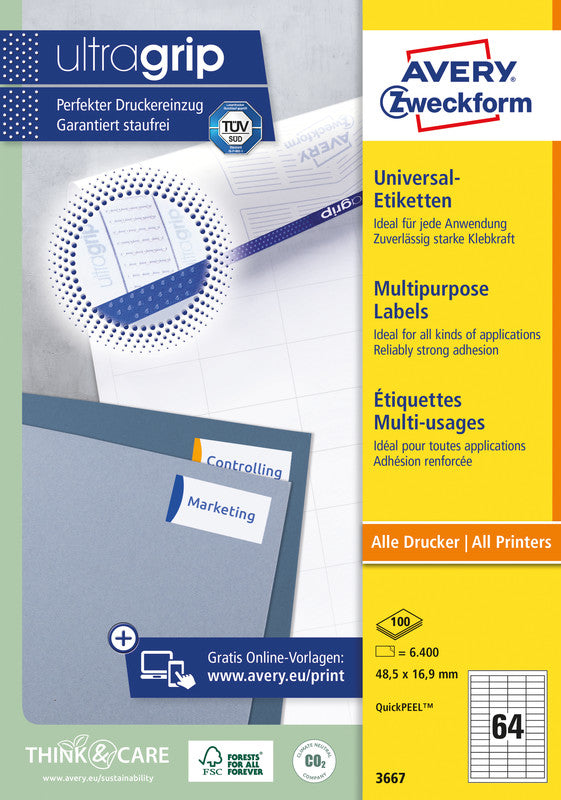 Avery Etiketten Ultragrip, 49 mm × 17 mm, weiss, Papier, permanent, 100 Blatt