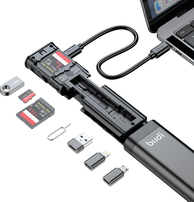 Budi Kartenleser – USB 3.2 Gen 1 (5 Gbit/s), SD/microSD/Nano-SIM (3/15/2), für Windows/Mac/Linux