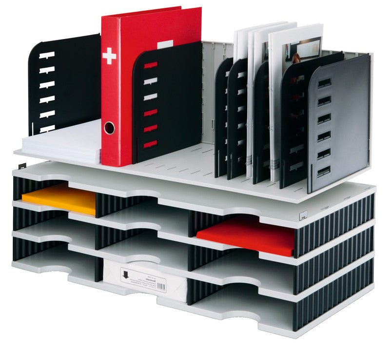 Styro Briefkorb – Kunststoff, 7 Fächer, stapelbar, schwarz, B 723 × H 248 × T 304 mm