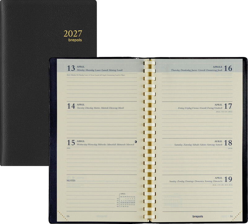 Brepols Interplan 736 Agenda – 1 Woche/2 Seiten, Spiralbindung, 9 × 16 cm, 2026, mehrsprachig, schwarz, FSC