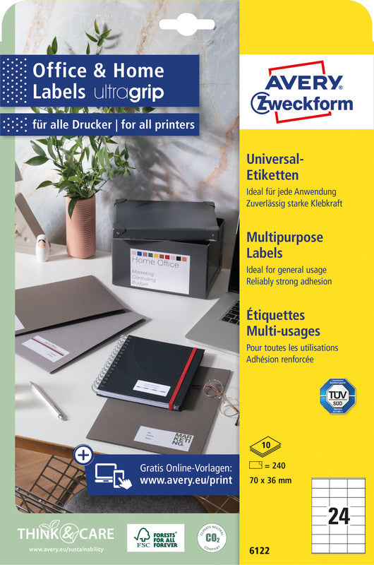 Avery Druckeretiketten, 70 mm × 36 mm, weiss, Papier, permanent, 10 Blätter (240 Etiketten)