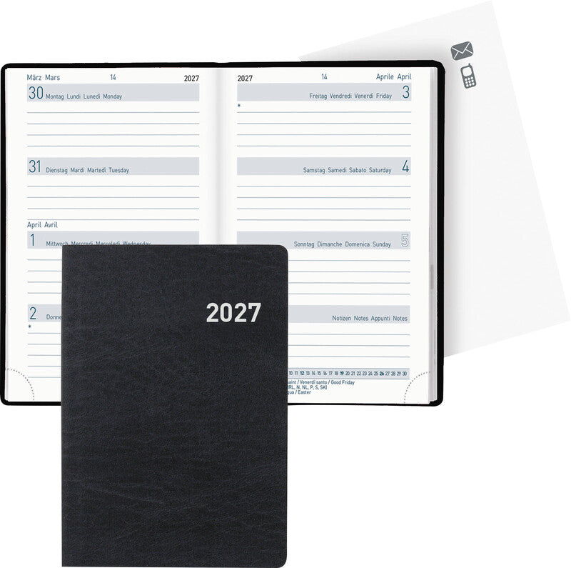 Biella Taschenagenda – 1 Woche/2 Seiten, gebunden, 7,6 × 11 cm, 2027, schwarz, FSC