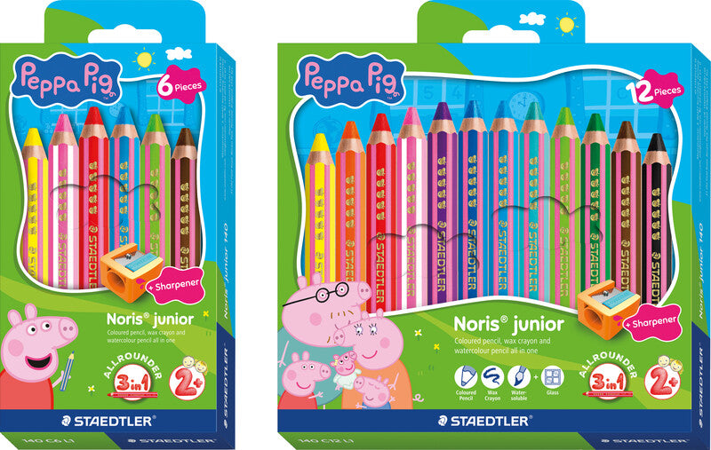 Staedtler Noris junior Aquarellfarbstifte-Set – 12 Farben, Sechskant, Mine Ø 9,5 mm, Kartonetui, mit Spitzer