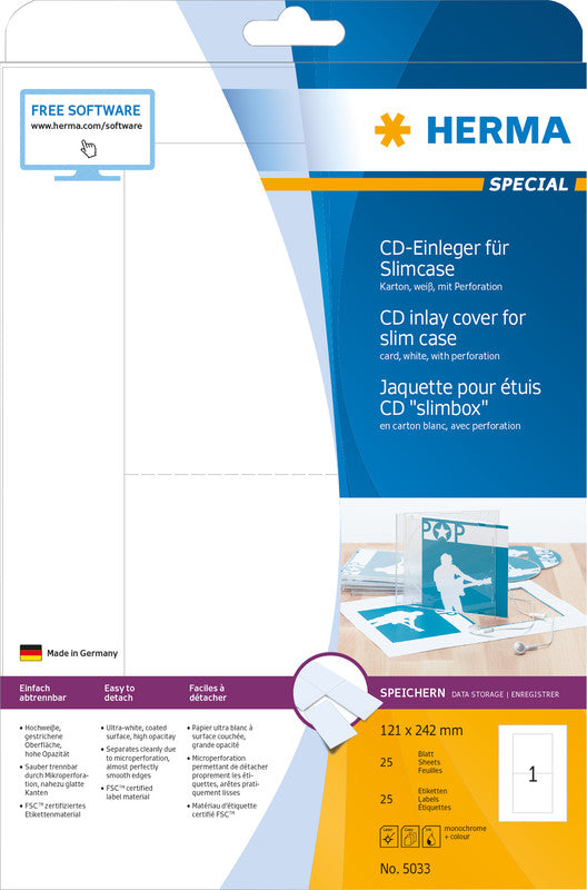HERMA Druckkarten A4 (121 × 242 mm), 170 g/m², weiss, Karton – für Inkjet, Laser, Kopierer – 25 Karten