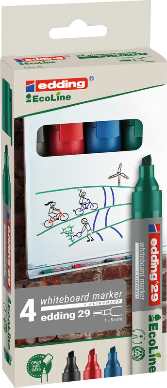 Edding Whiteboard-Marker 29 EcoLine – Keilspitze 1-5 mm – sortiert – 4er-Set – trocken abwischbar