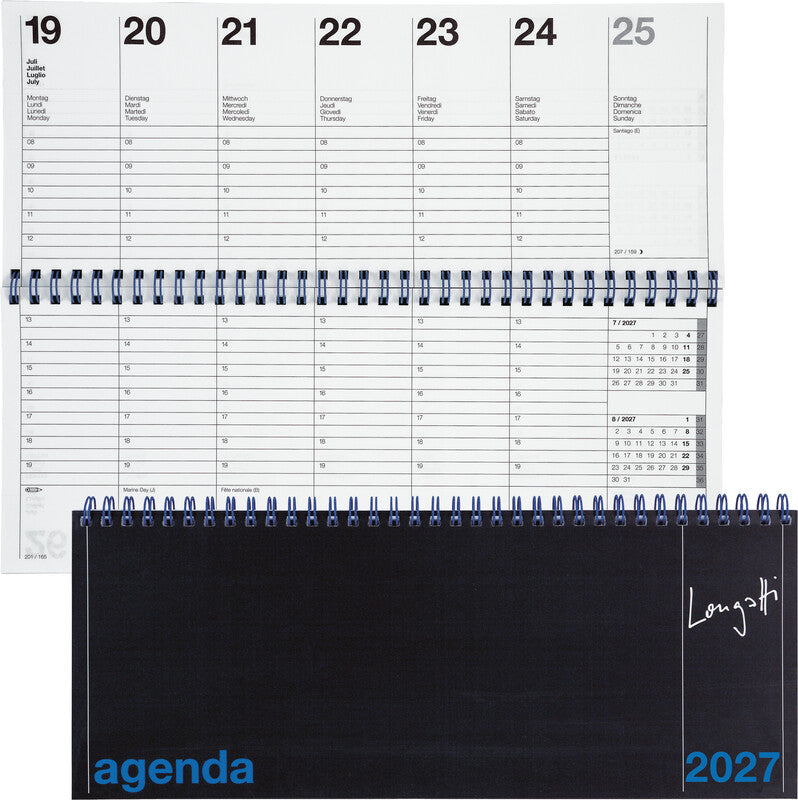 Biella Agenda – 1 Woche/2 Seiten, Spiralbindung, 29,8 × 11,7 cm, 2026, mehrsprachig, schwarz, FSC