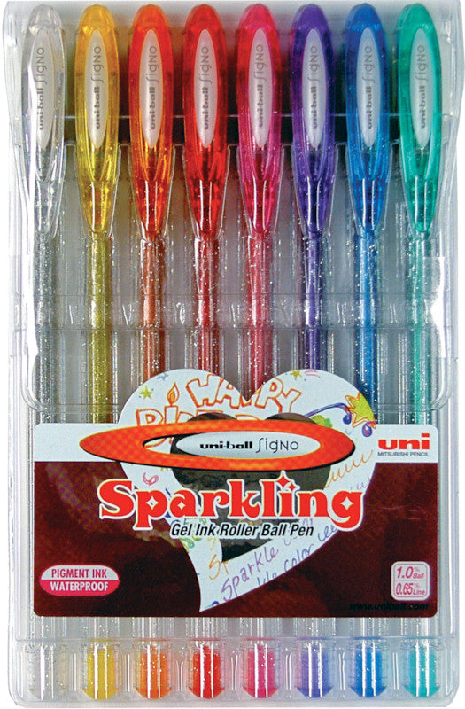 Uni-Ball Signo Sparkling – Tintenroller-Set, mit Kappe, 0,65 mm, silber/gold/orange u. a., 8er Etui