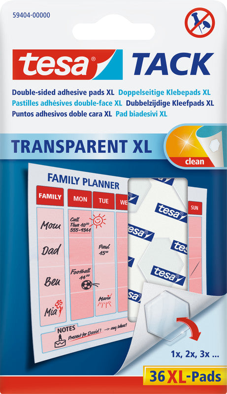 TESA TACK Doppelseitige Klebepads – wiederablösbar, transparent, wiederverwendbar, 36 Stk., für Papier, leicht