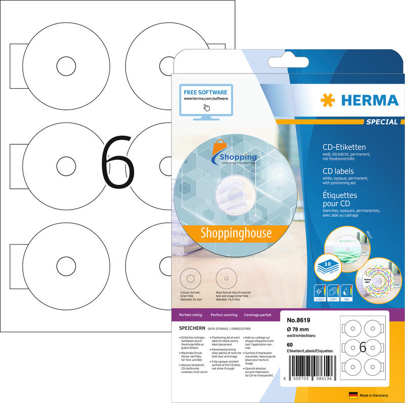 HERMA CD-/DVD-Etiketten, Ø 116 mm, weiss, Papier, permanent, 50 Etiketten (25 Blatt)