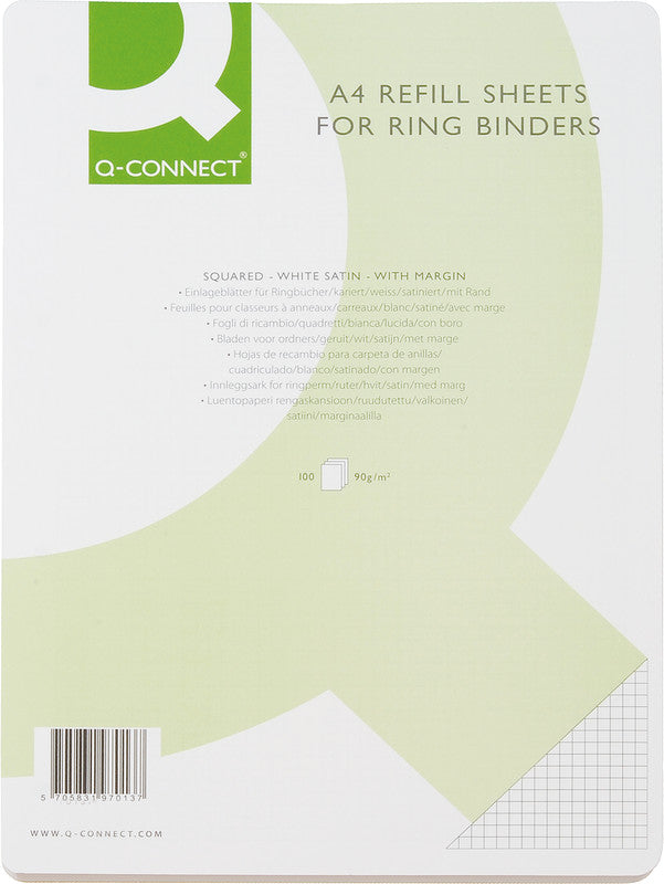 Q-connect Notizbuch-Einlagen A4, kariert 5 mm, mit Rand, 4-fach gelocht, 90 g/m² – 100 Blatt