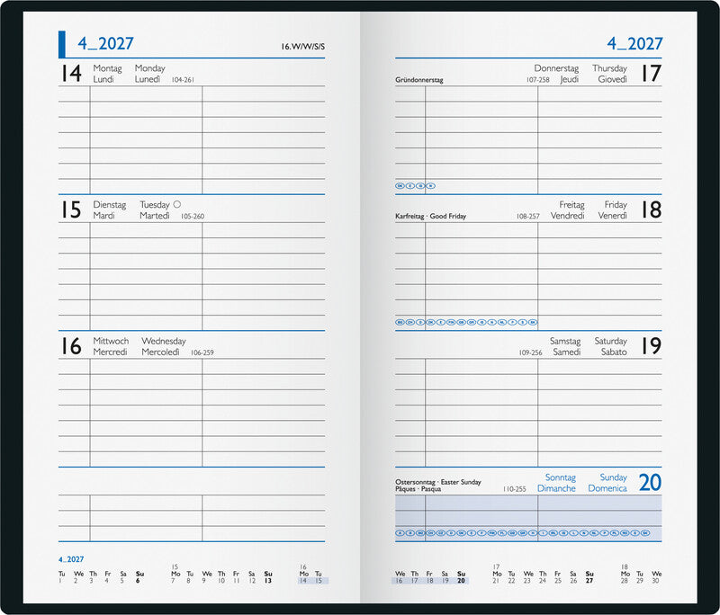 Biella Budget Agenda – 1 Woche/2 Seiten, gebunden, 8,7 × 15,3 cm, Jan–Dez, 2026, schwarz, FSC