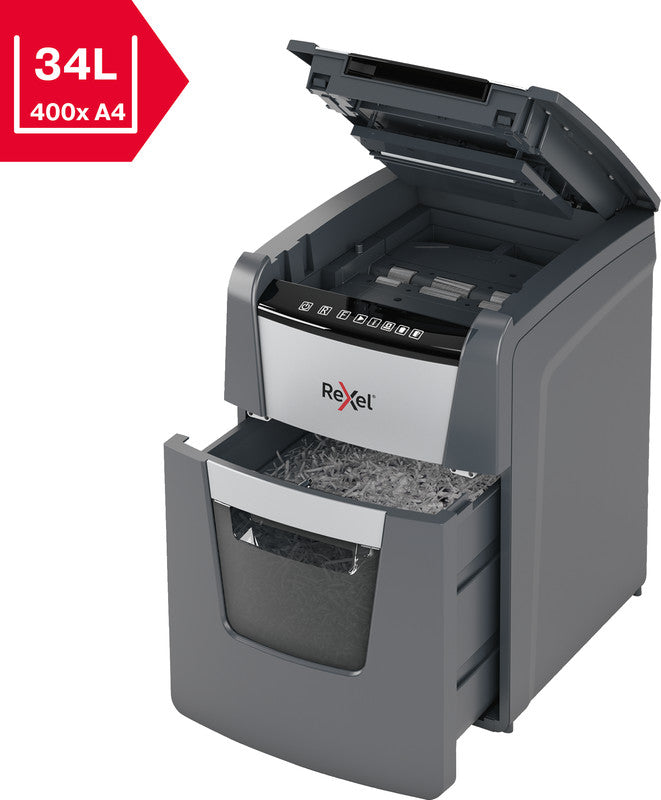 Rexel Optimum AutoFeed+ 100M – Aktenvernichter mit Autofeed 100 Blatt, DIN P-5, Mikroschnitt 2 × 15 mm, 34 l