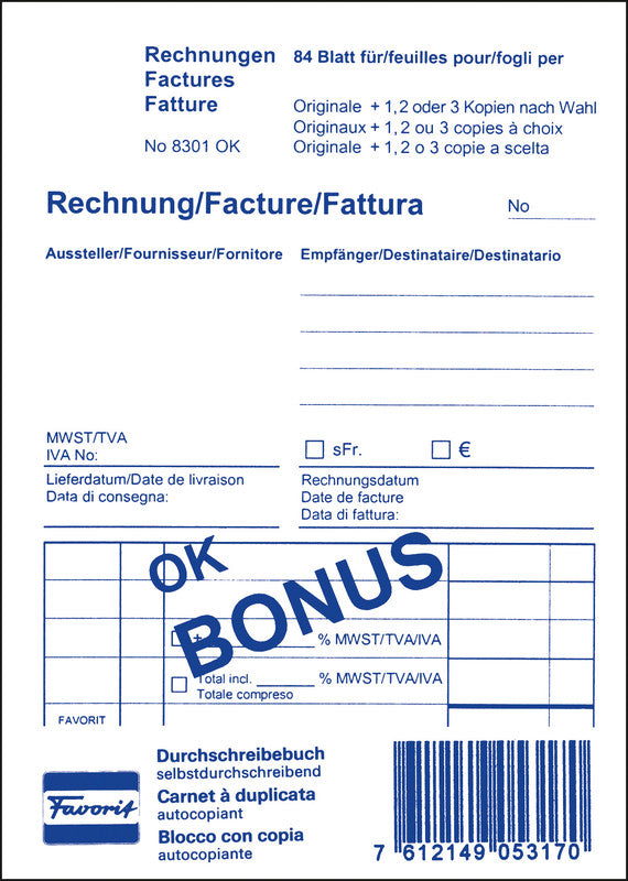 Favorit Formularblock – Rechnungen, mehrsprachig, 84 Blatt, A6
