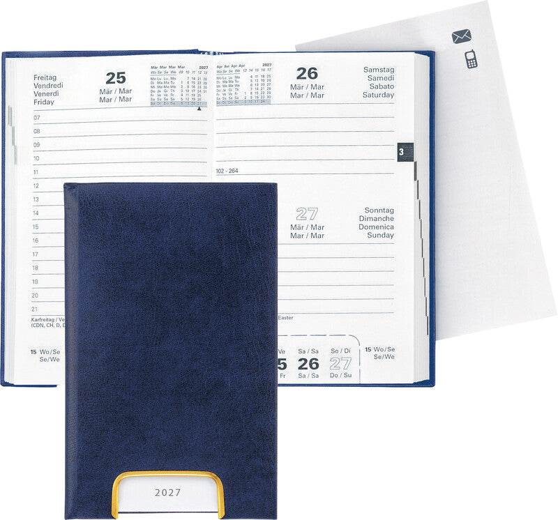 Biella Disponent Agenda – 1 Tag/Seite, Gebunden, 10,1 × 16,0 cm, 2027, 1-h-Takt, Dunkelblau, FSC