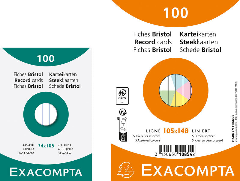 Exacompta Karteikarte A7 quer, liniert, weiss, 205 g/m², Karteikarton – 100 Stück