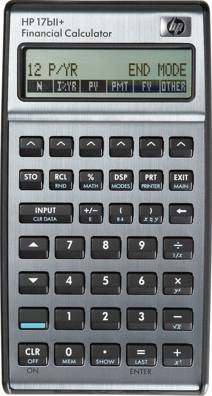 HP Taschenrechner 17BII+ – 22-stellig, 2-zeiliges LCD, Prozent/Währung, Batterie (CR2032), silber, 80,9×145×16 mm