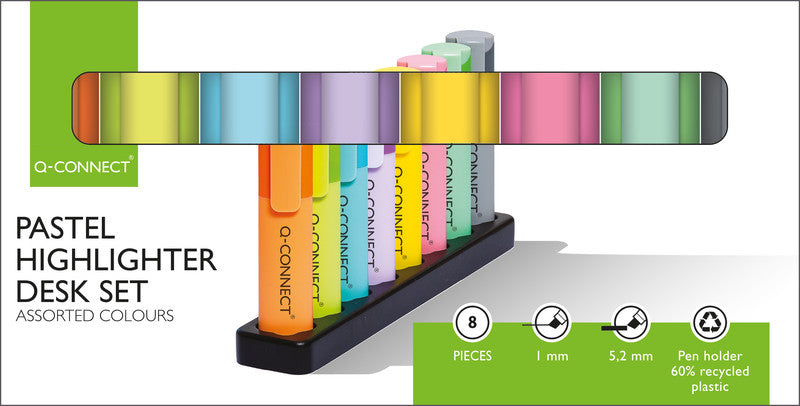 Q-connect Textmarker Desktop Set 8 Farben Pastell – Keilspitze, 1–5,2 mm