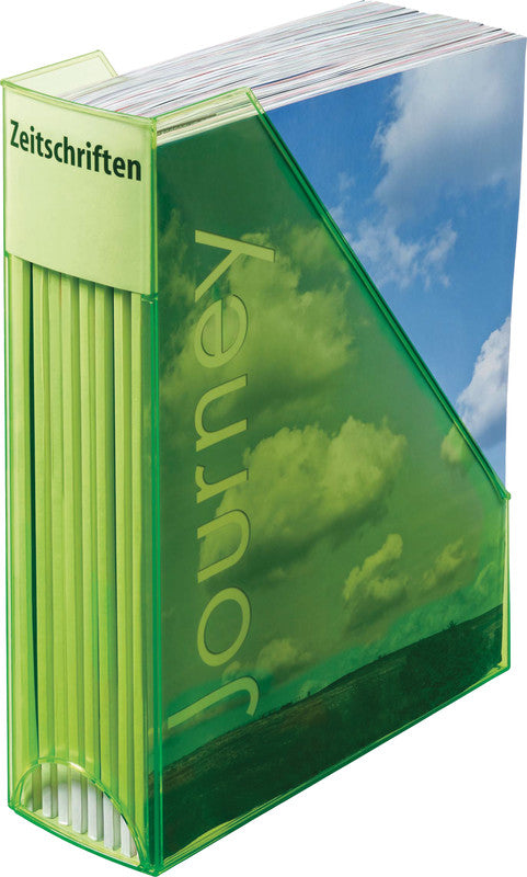Helit Stehsammler – Kunststoff, mit Beschriftungsfeld, grün transparent, 240×85×322 mm