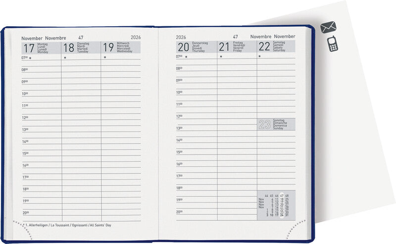 Biella Rex Agenda – 1 Woche/2 Seiten, gebunden, 10,1 × 14,2 cm, 2026, 1-h-Takt, blau, FSC