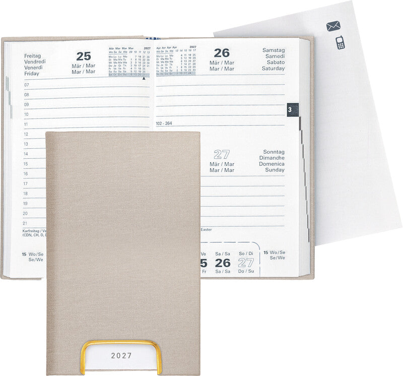 Biella Disponent Agenda – 1 Tag pro Seite, gebunden, 10,1 × 16 cm, 2027, 1-h-Takt, mehrsprachig, beige, FSC
