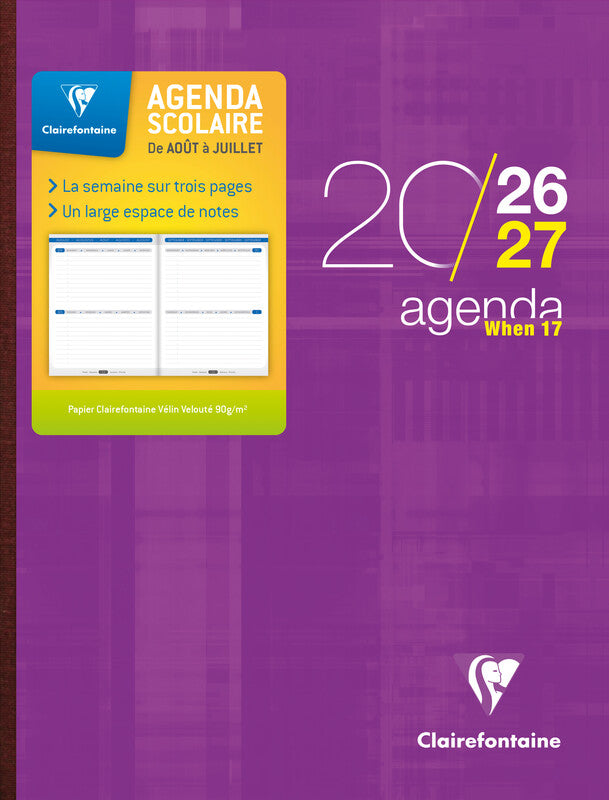 Clairefontaine When 17 Schüleragenda – 1 Woche/3 Seiten, gebunden, 17 × 22 cm, Aug–Jul, sortiert, PEFC