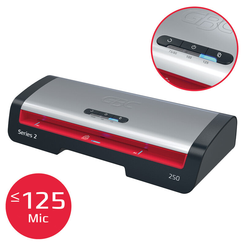GBC Laminiersystem 250 Laminiergerät A4 – 2-Rollen, 75–125 µm, Aufheizzeit 1 Min., 500 mm/min, Silber