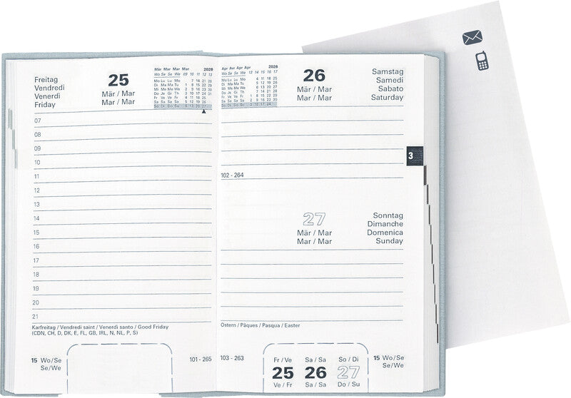 Biella Disponent Agenda – 1 Tag pro Seite, gebunden, 10,1 × 16 cm, 2026, 1-Stunden-Takt, hellblau, FSC