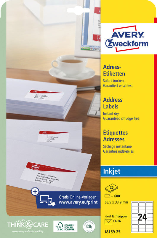 Avery Druckeretiketten, 64 mm × 34 mm, weiss, Papier, permanent, 25 Blatt (600 Etiketten)