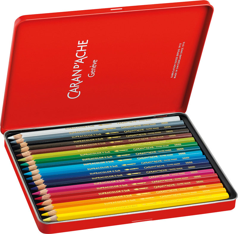 Caran d-Ache Caran d'Ache Aquarellfarbstifte Supracolor Soft – 18 Farben, im Metalletui, Ø 3,8 mm, FSC