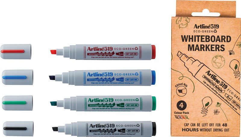 Artline Whiteboard-Marker Eco-Green EK519 – Rundspitze 2-5 mm – Sortiert – 4er-Set – Trocken abwischbar