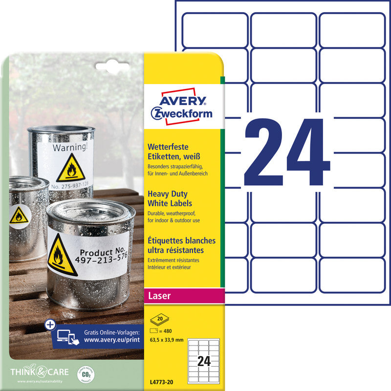 Avery Drucketiketten, 64 mm × 34 mm, weiss, Folie, extra stark, 20 Blätter (480 Etiketten)