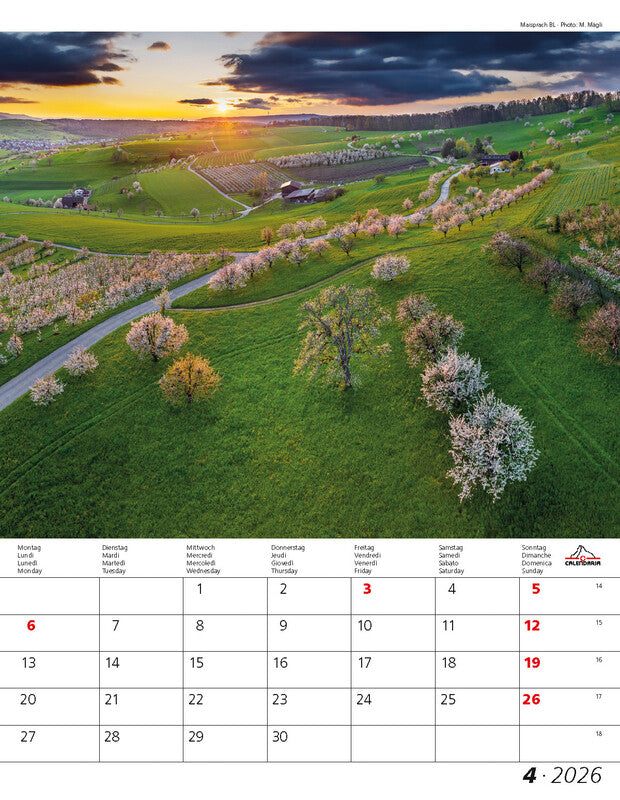 Calendaria Bildkalender Berge und Täler der Schweiz 2026 – 30 × 40 cm – mit Tagesfeldern, mit Aufhänger