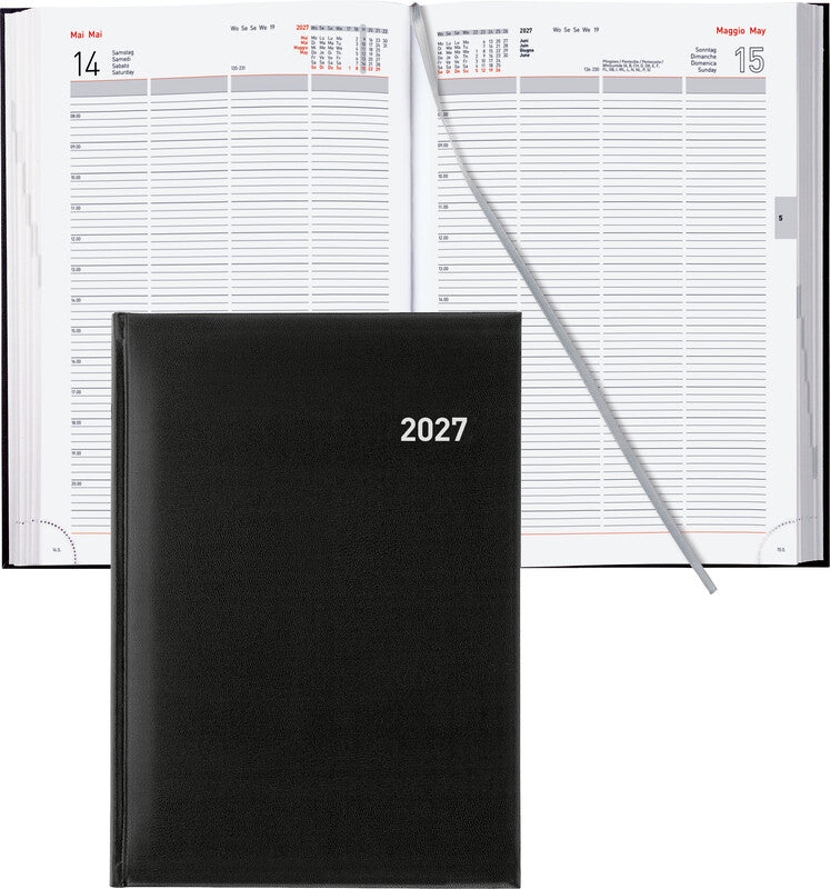 Biella Quattro Agenda – 1 Tag pro Seite, gebunden, A4, 2026, 1-Stunden-Takt, mehrsprachig, schwarz, FSC