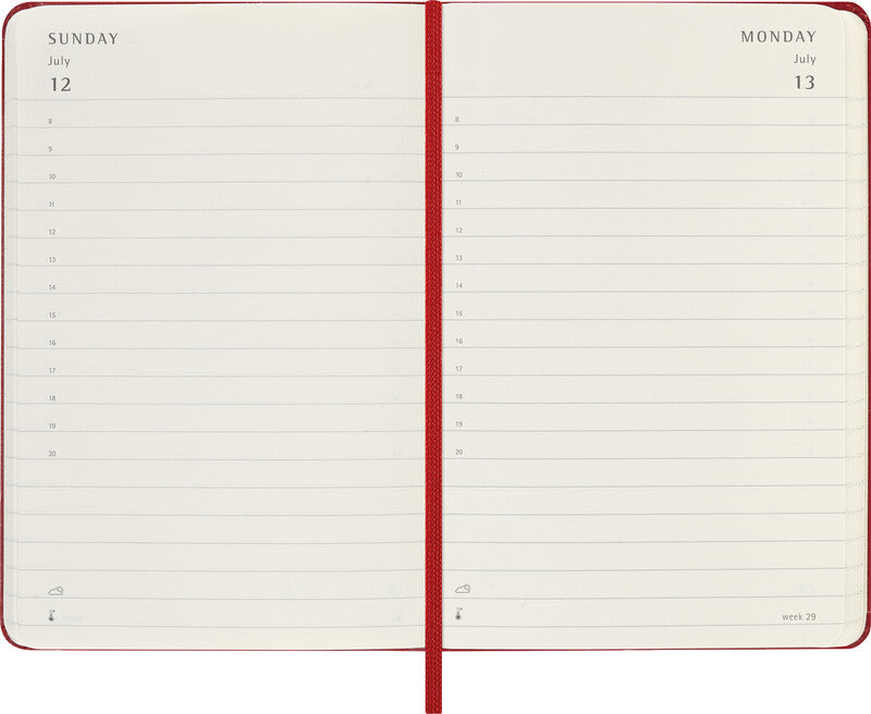 Moleskine Agenda – 1 Tag pro Seite, gebunden, 9 × 14 cm, 2026, 1-Stunden-Takt, Englisch, Scharlachrot, FSC