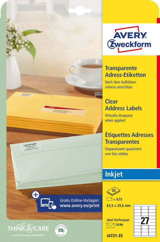 Avery Adress-Etiketten, 64 mm × 30 mm, transparent, Folie, permanent, 25 Blatt (675 Etiketten)