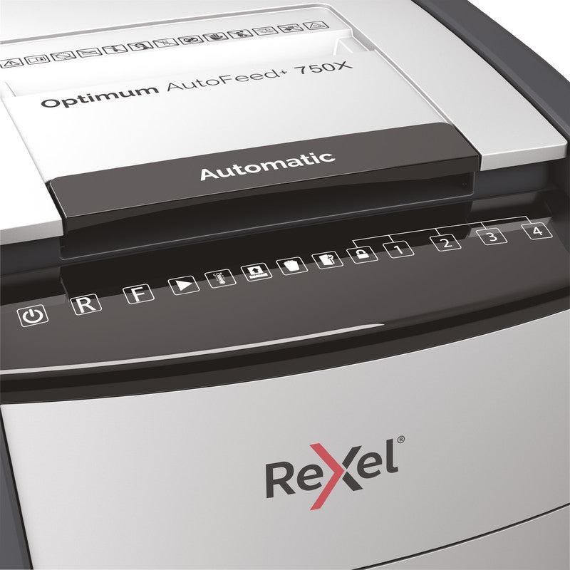 Rexel Optimum AutoFeed+ 750X – Aktenvernichter mit Autofeed 750 Blatt, DIN P-4, Partikelschnitt 4 × 30 mm, 140
