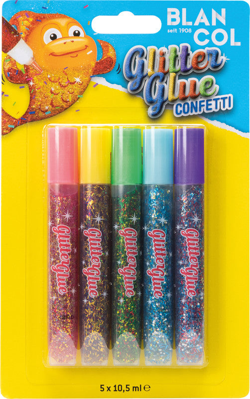 BLANCOL Glitzerkleber Confetti – farbig sortiert – Set 5 × 10,5 ml – auswaschbar, lösungsmittelfrei