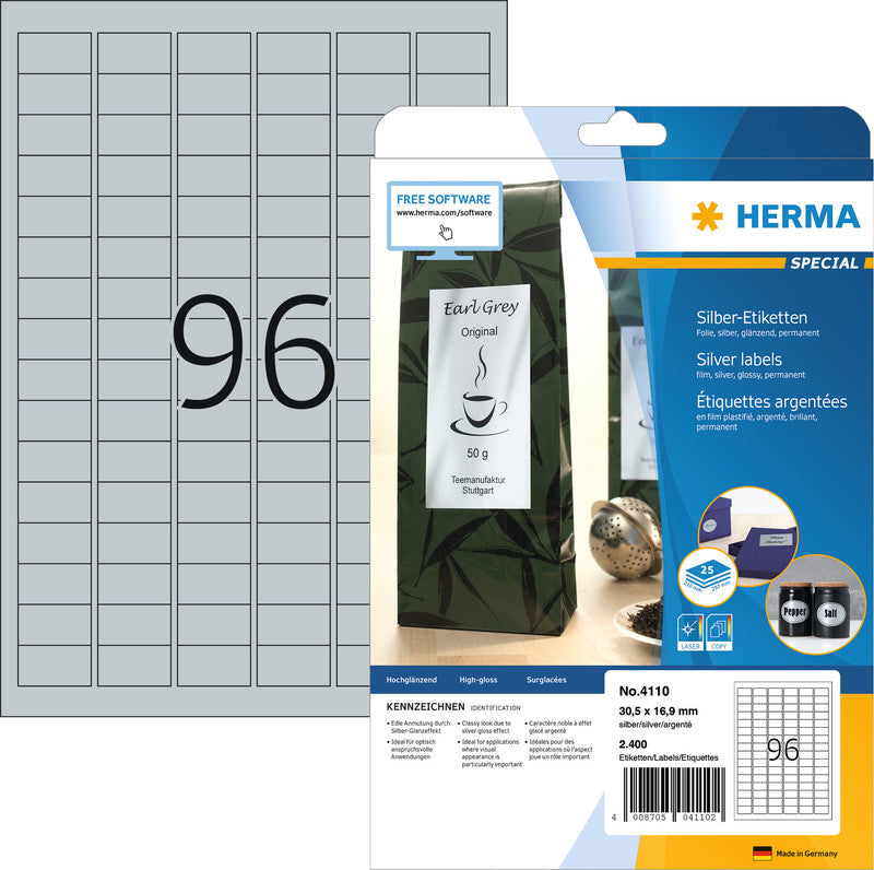 HERMA Drucketiketten, 64 mm × 30 mm, silber, Folie, permanent, 25 Blatt