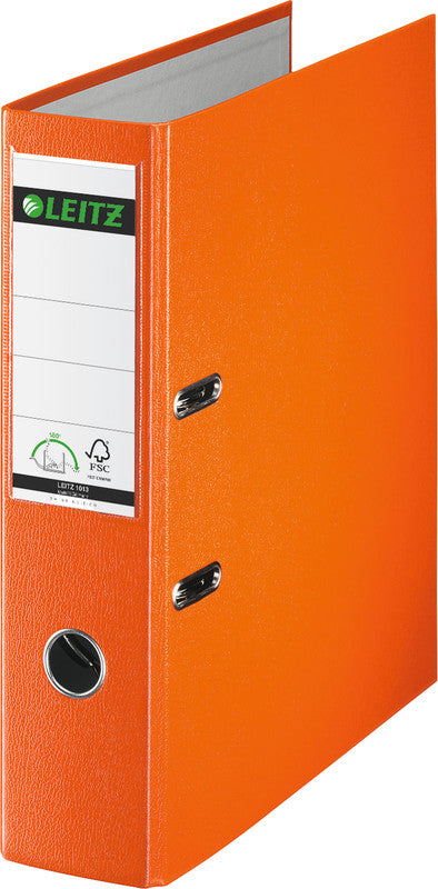 Leitz Ordner – A4 hoch – 2-Ring Hebelmechanik, Rücken 80 mm – orange, Karton, mit Niederhalter, FSC