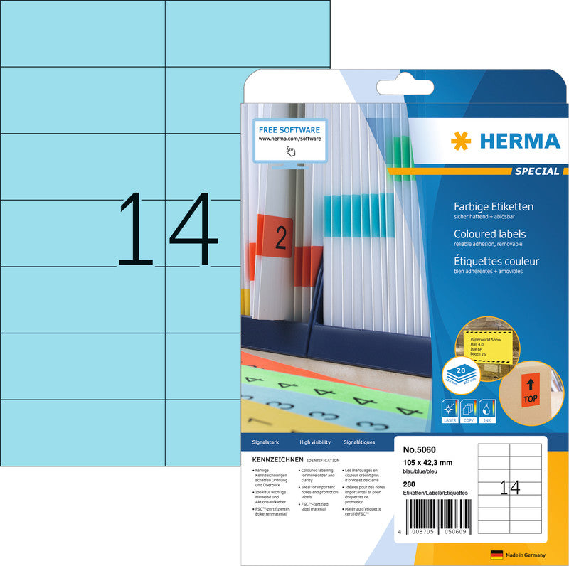 HERMA Druckeretiketten, 105 mm × 42 mm, blau, Papier, wiederablösbar, 20 Blätter (280 Etiketten)