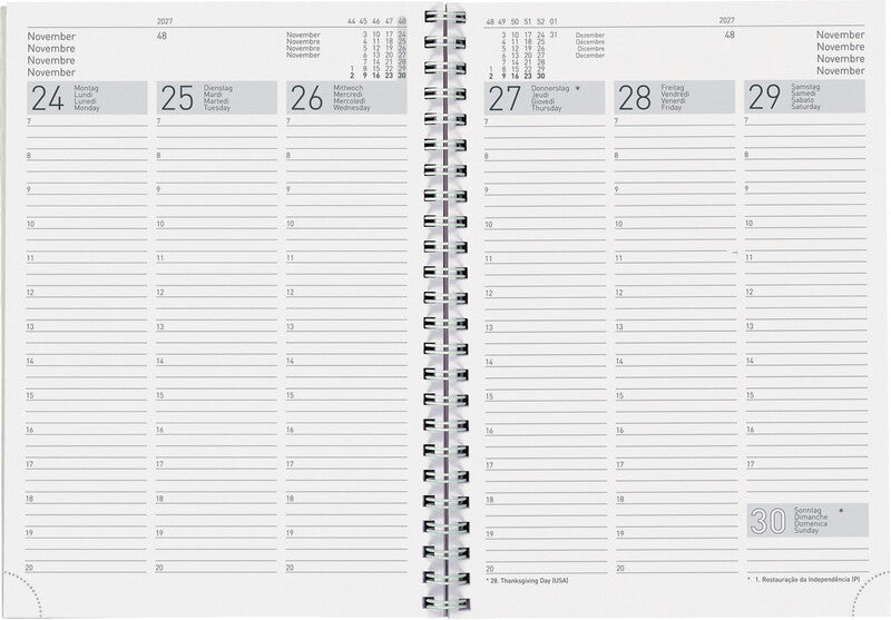 Biella Terminia Agenda – 1 Woche/2 Seiten, Wire-O, 14,5 × 20,5 cm, 2026, mehrsprachig, grau, FSC